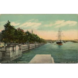River Thames Embankment with Sailing Ship