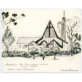 Ink drawing of St. Columba's Church and Hall