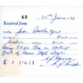 Tax receipt received from Miss Jean Ballantyne, 30th June 1963