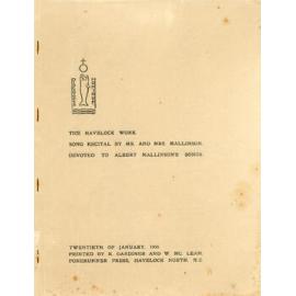 The Havelock Work; song recital by Mr and Mrs Mallinson devoted to Albert Mallison's songs