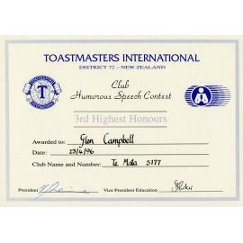 Toastmasters International Certificate - District 72 - New Zealand