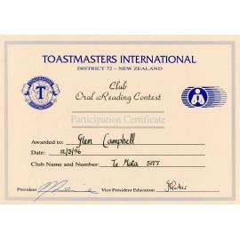 Toastmasters International Participation Certificate - District 72 - New Zealand