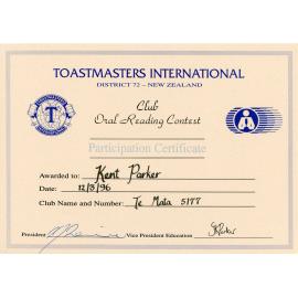 Toastmasters International Participation Certificate - District 72 - New Zealand