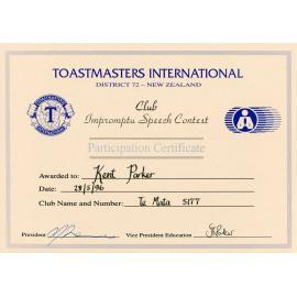 Toastmasters International Participation Certificate - District 72 - New Zealand