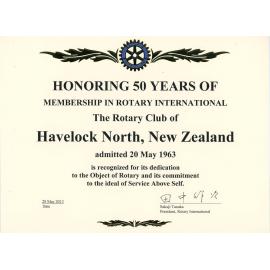 Certificate Awarded to Havelock North Rotary Club
