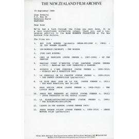 Letter from The New Zealand Film Archive to Alan Roberts