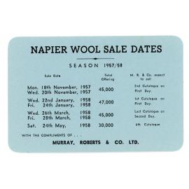 Murray, Roberts & Co. Ltd. Napier Wool Sale Dates 1957/58