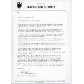 Letter from the Havelock North Borough Council Mayor