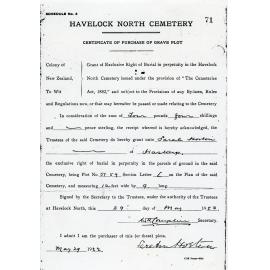 Certificate of Purchase of Grave Plot