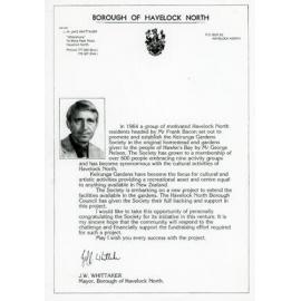 Letter of Support from Havelock North Borough Council to Keirunga Gardens